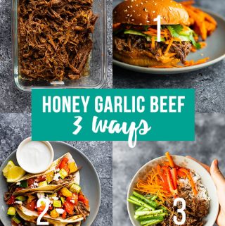 collage image showing honey garlic beef meal prep plan