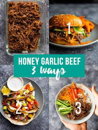 collage image showing honey garlic beef meal prep plan