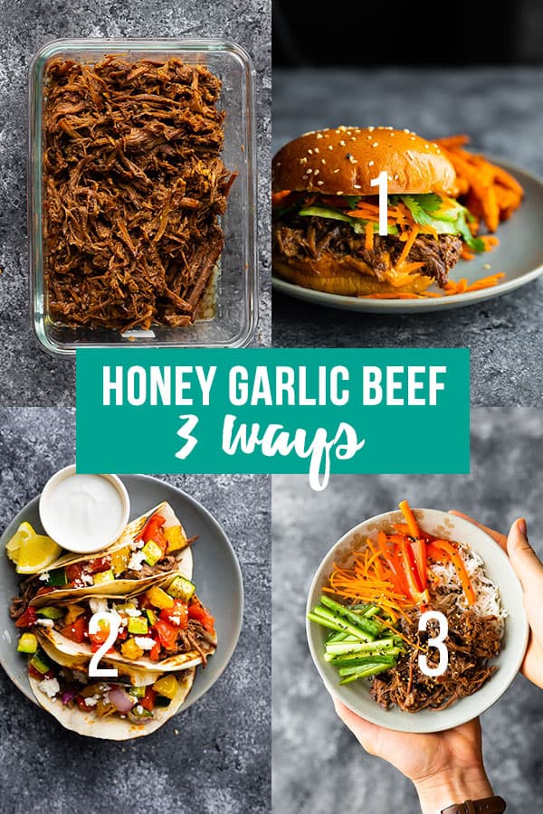 collage image showing honey garlic beef meal prep plan