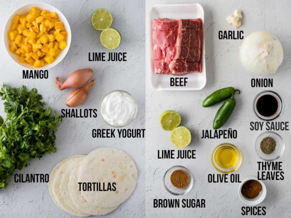 overhead shot of the ingredients required to make jerk beef and mango salsa