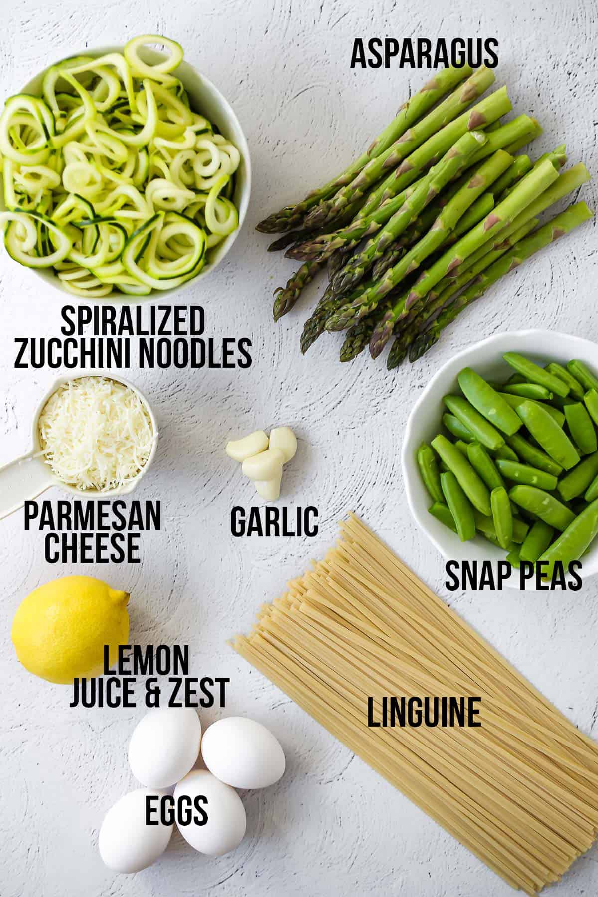 overhead view of ingredients required to make spiralized pasta with egg