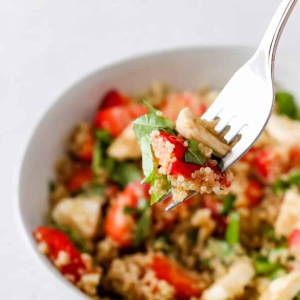 strawberry caprese quinoa salad on fork