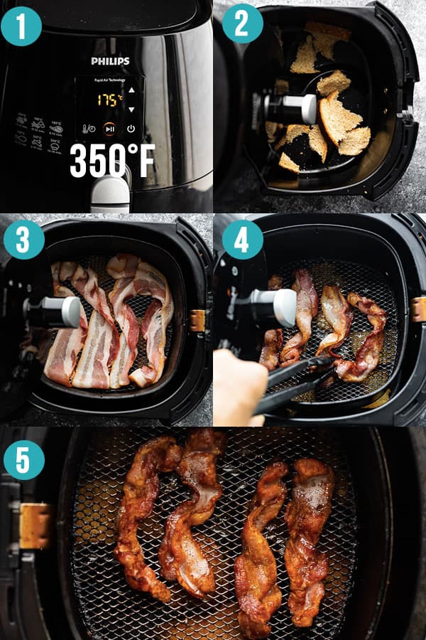 collage image showing how to cook bacon in the air fryer