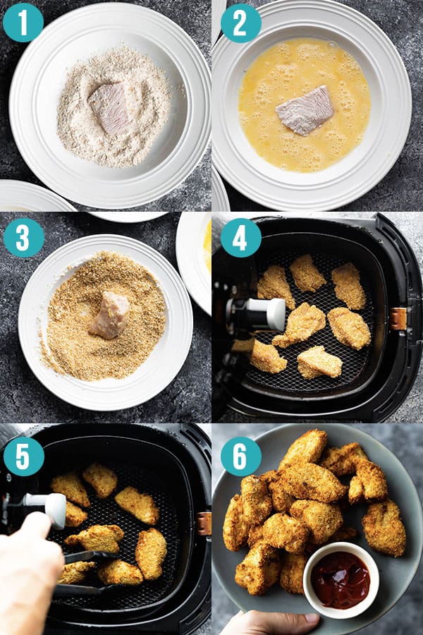 collage image showing how to make air fryer chicken nuggets