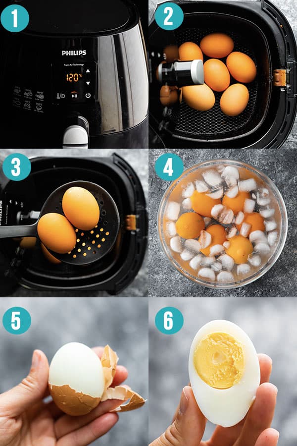 collage image showing how to cook hard boiled eggs in the air fryer