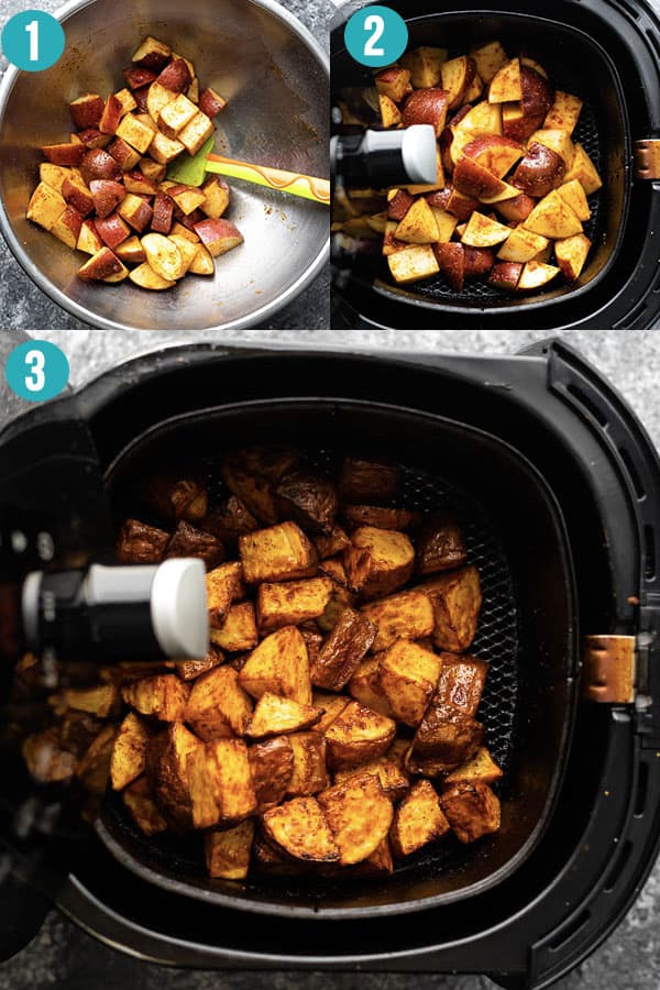 collage image showing how to cook roasted potatoes in the air fryer