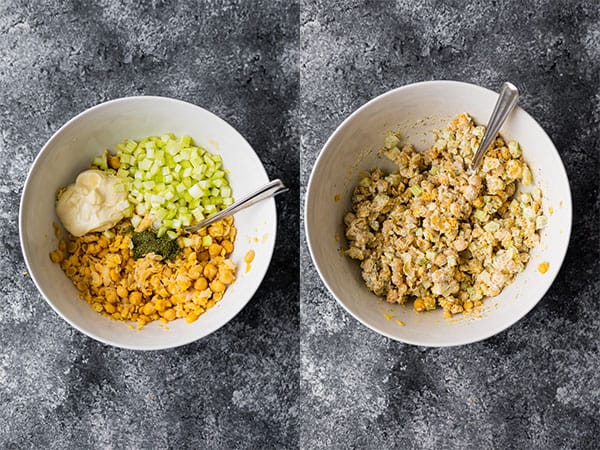 collage image of before and after mixing ingredients together for chickpea salad sandwich