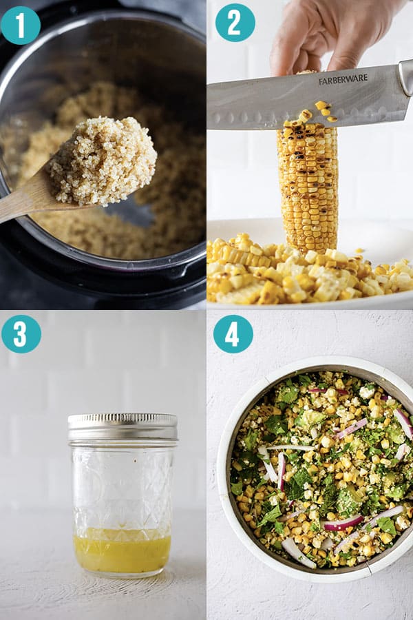 collage image showing the steps to make charred corn quinoa salad