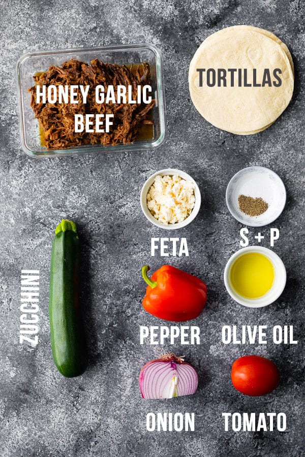 overhead view of ingredients required to make honey garlic beef tacos