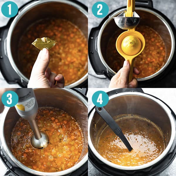 collage image showing how to cook lentil soup in the instant pot 2