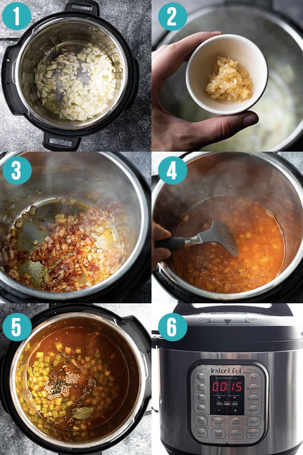 collage image showing how to cook lentil soup in the instant pot