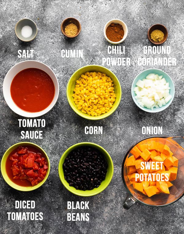 overhead view of ingredients required to make chili 