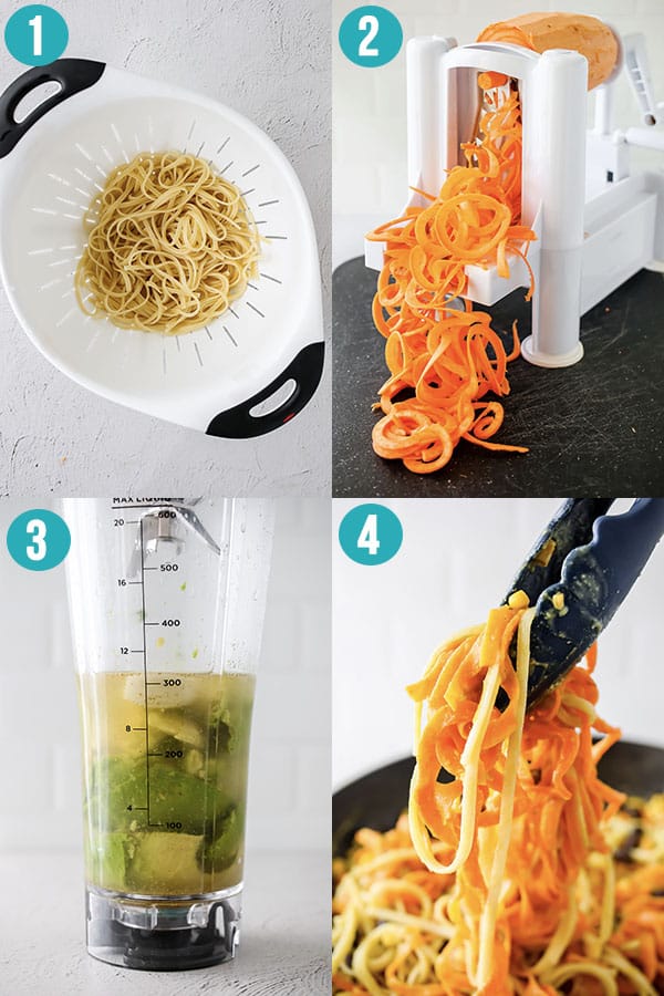 collage image showing how to make sweet potato noodles with avocado sauce