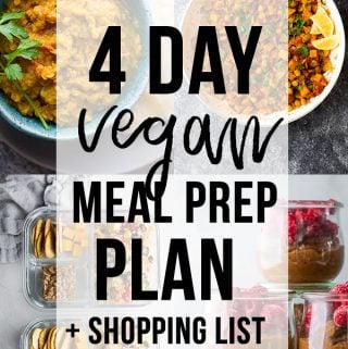 collage image that says vegan meal prep plan with shopping list