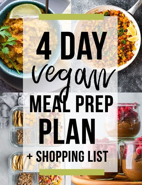 collage image that says vegan meal prep plan with shopping list