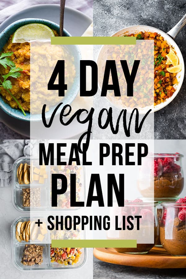 collage image that says vegan meal prep plan with shopping list