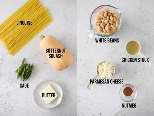 overhead view of ingredients required to make butternut squash noodles with sage and brown butter