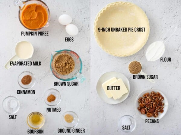 ingredients required to make bourbon pumpkin pie and streusel