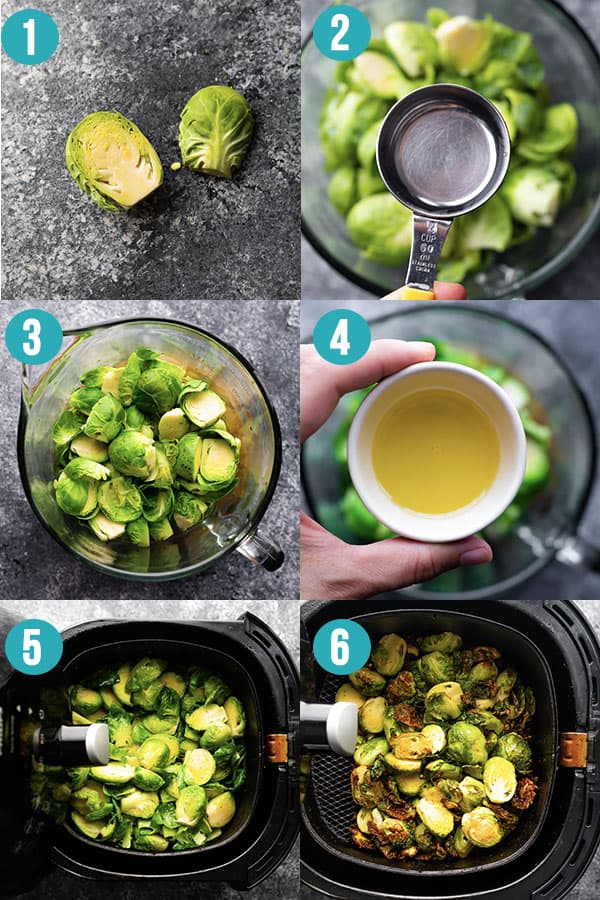 collage image showing how to cook air fryer brussels sprouts