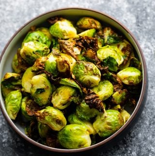 overhead shot of a bowl of air fryer brussels sprouts