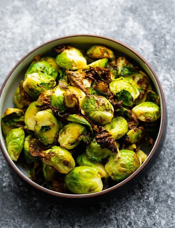 overhead shot of a bowl of air fryer brussels sprouts