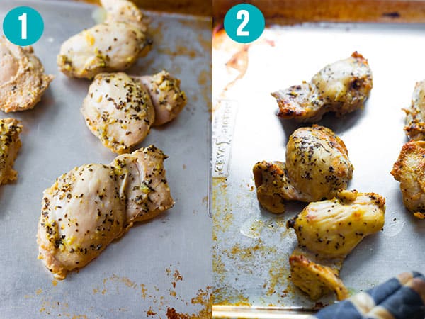 collage image showing before and after broiling chicken thighs