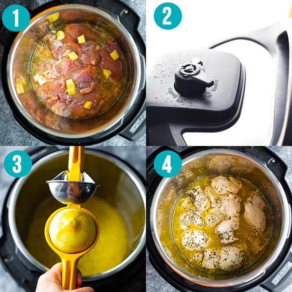 collage image showing how to make instant pot lemon garlic chicken thighs