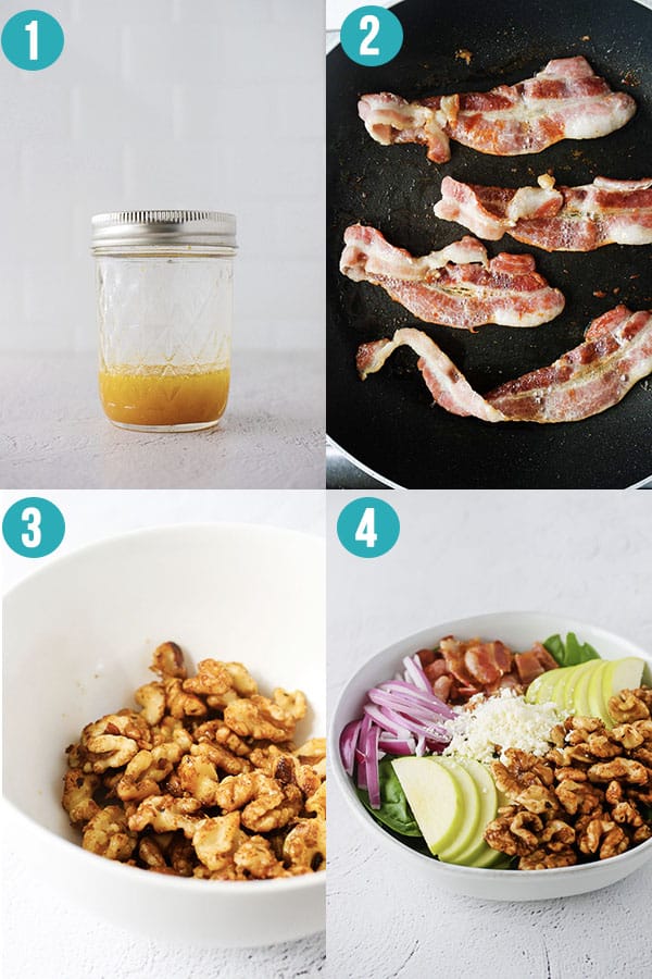 collage image showing step by step directions to make apple bacon spinach salad