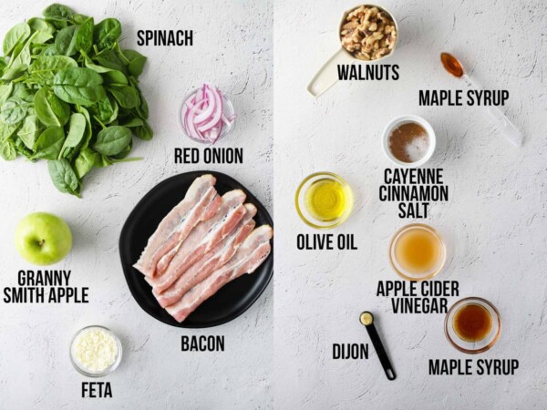 overhead view of ingredients required to make apple bacon spinach salad