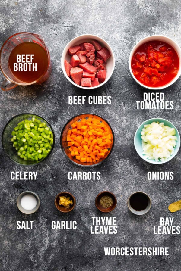 overhead view of ingredients required to make beef vegetable soup