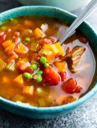 close up shot of a bowl of instant pot vegetable beef soup