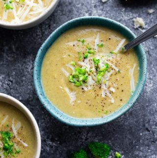 overhead view of instant pot broccoli cheese soup in three bowls
