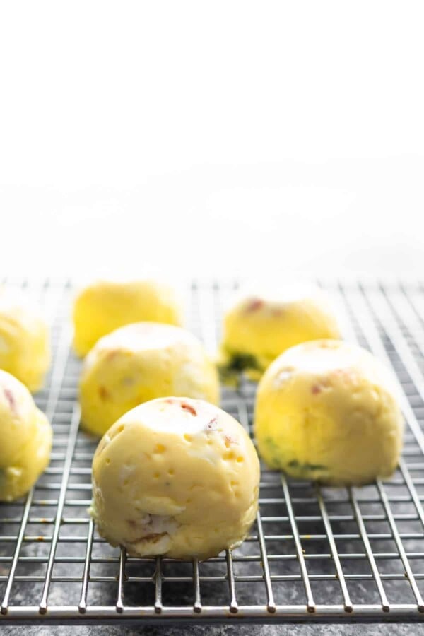 instant pot egg bites on wire rack with light coming in the back