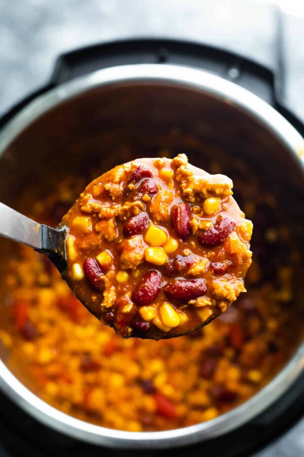 turkey chili on soup ladle