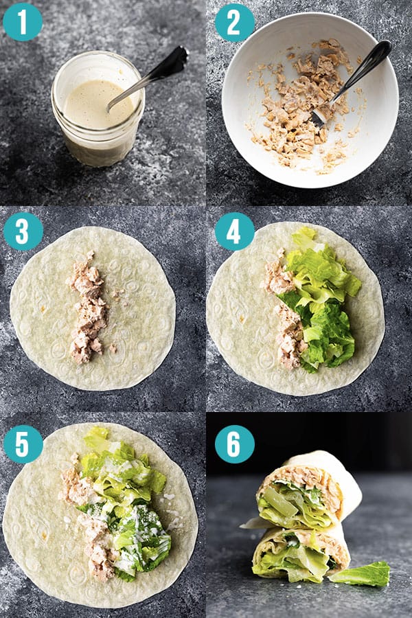 step by step directions for how to make salmon caesar wraps