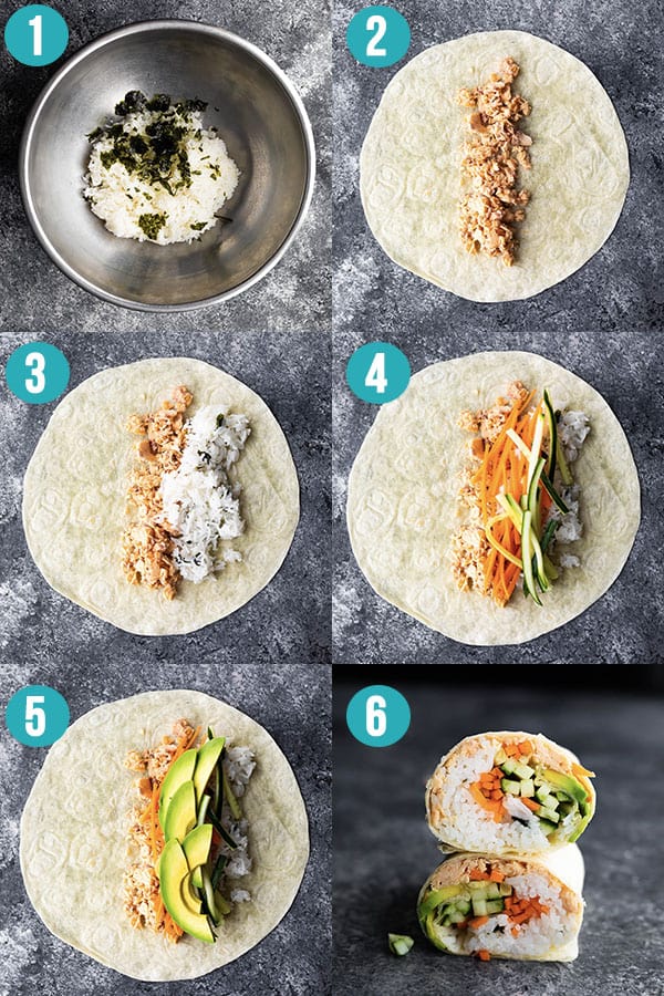 step by step directions showing how to make sushi wraps