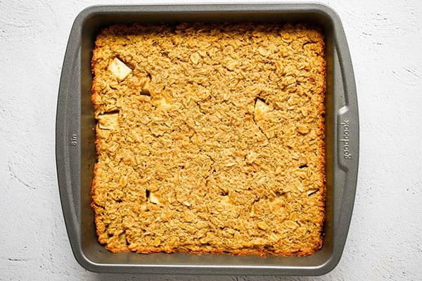 apple quinoa breakfast bars in baking dish after cooking