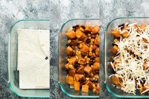 collage image showing how to layer enchilada casserole