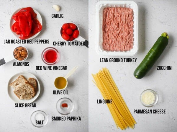 ingredients required to make romesco sauce and ground turkey pasta