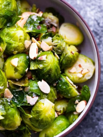 overhead close up view of instant pot brussels sprouts in bowl