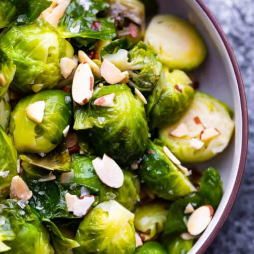 overhead close up view of instant pot brussels sprouts in bowl