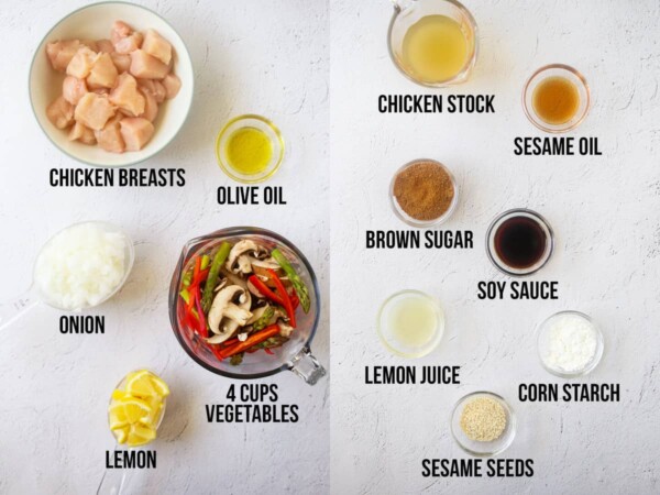 overhead view of ingredients required to make lemon sesame stir fry