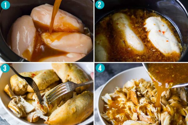 collage image showing how to cook slow cooker sweet chili chicken