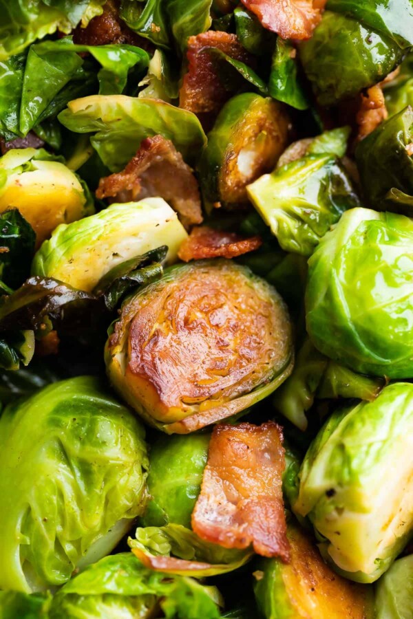 close up view of brussels sprouts with bacon