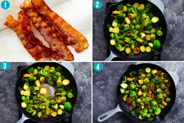 collage image showing how to make brussels sprouts with bacon