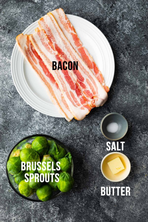overhead view of ingredients with labels required to make brussels sprouts with bacon skillet