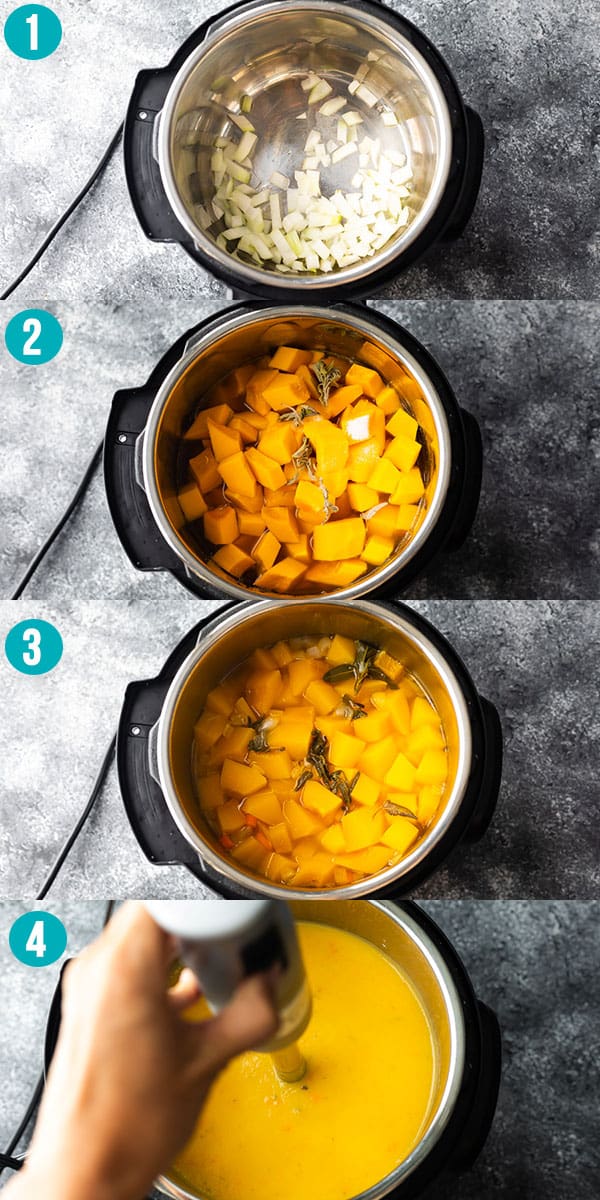 collage image showing the steps required to make instant pot butternut squash soup
