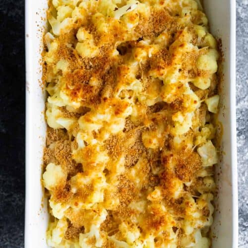 overhead view of cauliflower gratin in a casserole dish