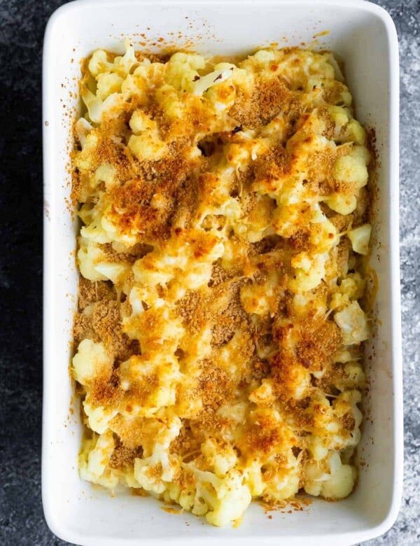 overhead view of cauliflower gratin in a casserole dish