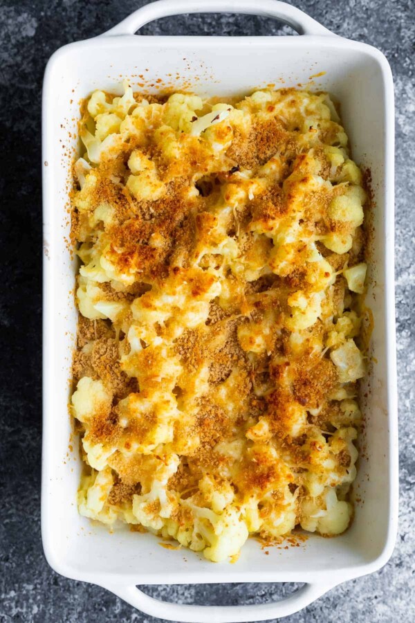 overhead view of cauliflower gratin in a casserole dish